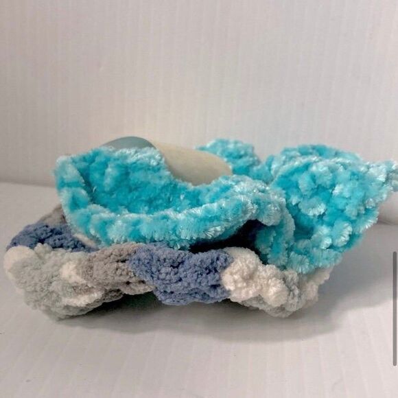 Fuzzy Chenille Scrunchies Camouflage Camo Blue Gray White and Teal NEW Set of 2 - Picture 4 of 8